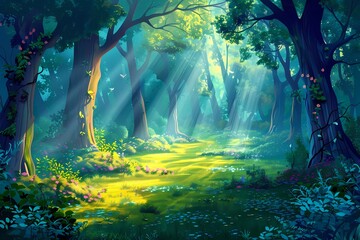 Fantasy Wild Forest with Sunlight cartoon background