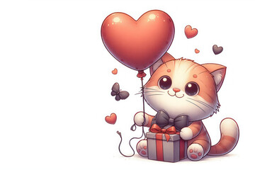 Happy little kitten with a balloon in the shape of a heart and a gift. Space for text.