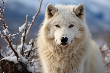 Obraz premium Arctic Wolf sniffing prey in the cold landscape., generative IA