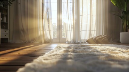 Fototapeta premium Morning sunshine pours into a cozy room highlighting a soft shaggy carpet