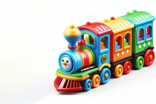 Toy multicolored train on white background. Space for text.
