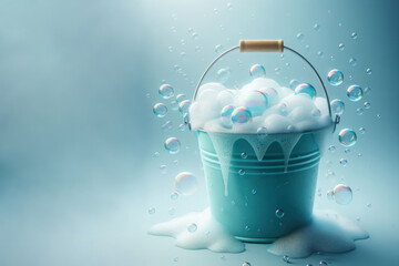 A bucket full of soap suds. Space for text. - obrazy, fototapety, plakaty