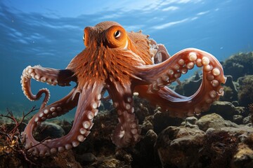 Camouflaged octopus avoids cavity sharks., generative IA