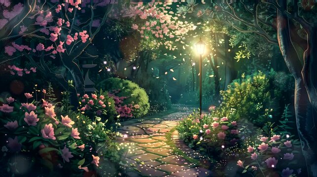 the tranquility of japanese hidden garden with winding paths and blooming flowers at night. Fantasy landscape anime or cartoon style, looping 4k video animation background