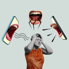 A woman with emotional stress clutched her head. Art collage.
