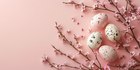 Minimalist Easter-themed composition with speckled eggs and cherry blossom branches on a peach background
