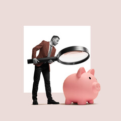 A businessman looks through a large magnifying glass at a piggy bank. Art collage.