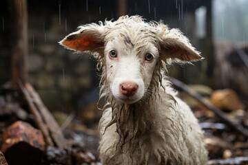 Obraz premium Sheep shelters in barn during storm., generative IA
