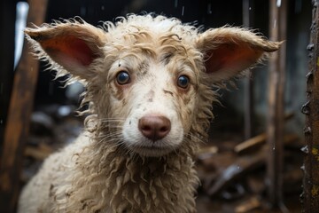 Obraz premium Sheep shelters in barn during storm., generative IA