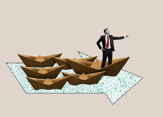 The leader shows the group the right path. Art collage.