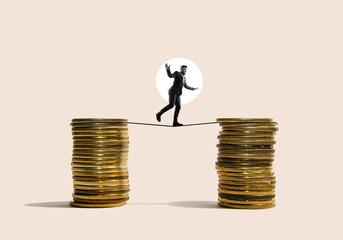 A businessman walks from one stack of coins to another along a tight rope. Art collage.