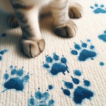 Footprints on a light carpet and a cat sitting next to it.