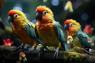 Fotobehang Colorful parrots interact in the lush jungle., generative IA © JONATAS