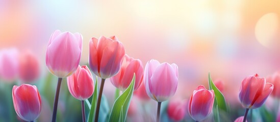 A painting depicting vibrant pink tulips in full bloom, standing tall in a colorful field. The delicate flowers sway gently in the breeze, adding a touch of elegance to the landscape.