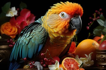 Parrot extracting nectar from tropical fruits., generative IA - obrazy, fototapety, plakaty