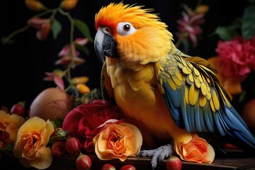 Parrot extracting nectar from tropical fruits., generative IA - obrazy, fototapety, plakaty