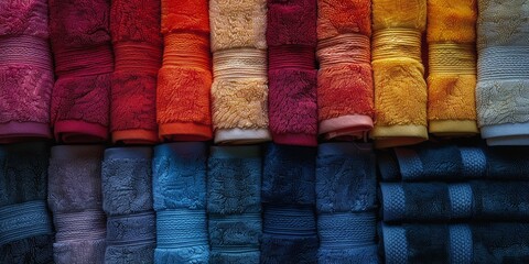 Colorful towels rolled up neatly showcasing a rich and inviting texture - obrazy, fototapety, plakaty