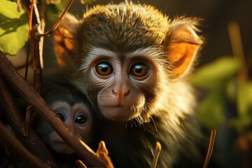 Fototapeta premium Baby monkey hugs the mother in the exuberant forest., generative IA