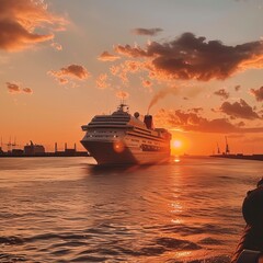 Luxury cruise ship sailing to sea on sunrise 