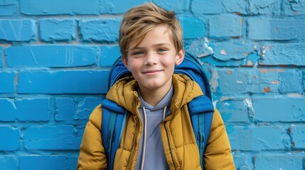 Fototapeta na wymiar School Child with Blonde Hair, Blue School Bag, Yellow Jacket, Blue Stone Wall Background