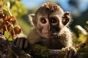 Curious monkey discovers brilliant object in the jungle., generative IA - obrazy, fototapety, plakaty