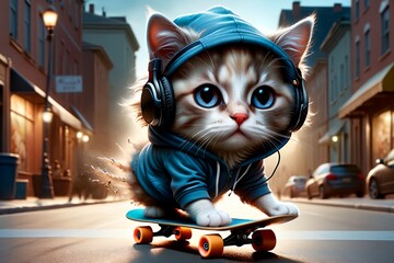 teenage cat wearing headphones rides a skateboard on the street