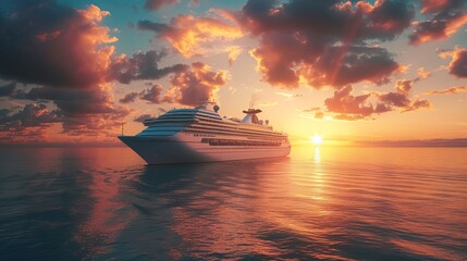 Luxury cruise ship sailing to sea on sunrise  - obrazy, fototapety, plakaty