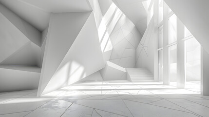 Contemporary and Innovative Design: An Abstract White 3D Interior, Illuminated by Ambient Light, Displaying a Geometric Patterned Wall