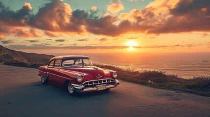 Fototapeta na wymiar A vintage car parked on a winding coastal road overlooking the ocean, with a stunning sunset in the background creating a nostalgic scene. Resplendent.