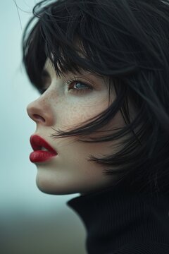 Close-up profile portrait of a young woman with short black hair and red lipstick