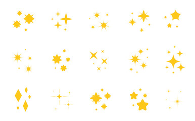 Yellow sparkles star symbols. Stars and magic lights sparkles set. Magic shine effect, starburst collection