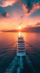 Luxury cruise ship sailing to sea on sunrise  - obrazy, fototapety, plakaty