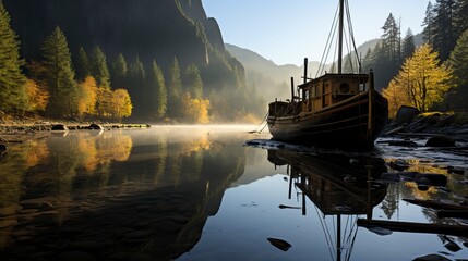 A picture of a sailboat on a misty dawn lake. Beautiful landscape
