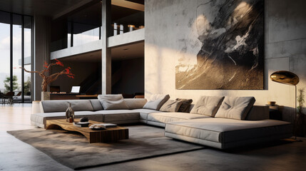 A modern living room with a stunning lighting fixture that makes a statement