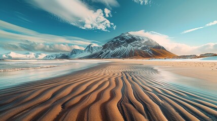 Skagsanden beach enchants with striking patterns and the serenity of a snowy landscape