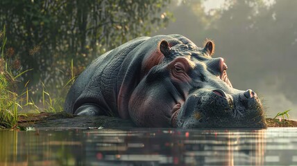 Serene hippopotamus resting by the water amidst lush greenery