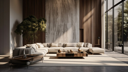 Obraz na płótnie Canvas A modern living room with a stunning lighting fixture that makes a statement