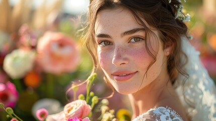 Portrait of a Radiant Bride with Brown Hair and Eyes Holding Flowers, Wedding Photography with Veil