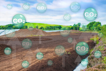 Peat could be a carbon bomb or a climate change solution? Concept image with carbon dioxide CO2...