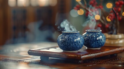 Tranquil tea ceremony setup with cobalt blue teapot and cups amidst vapor - obrazy, fototapety, plakaty