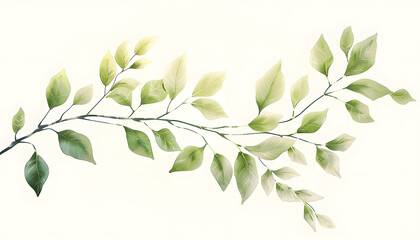 Watercolor painting of a plants twig with green leaves on a white background