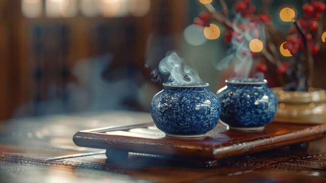Tranquil tea ceremony setup with cobalt blue teapot and cups amidst vapor