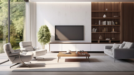 A modern living room with a sleek white entertainment center, augmented reality accent chairs, and a patterned ottoman