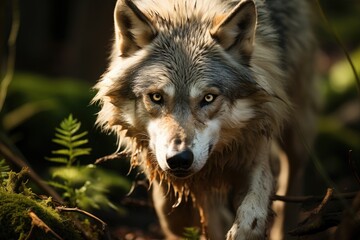 Obraz premium A gray wolf in the middle of the forest., generative IA