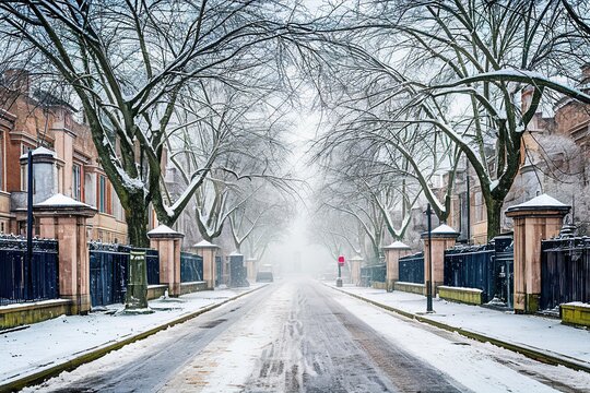 Snow-Clad Suburban London Avenue