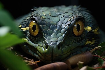 Fototapeta premium Camouflaged viper ready to attack in the jungle., generative IA