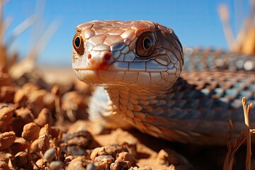 Fototapeta premium Blind snake in the desert, hunting insects in the hot sand., generative IA