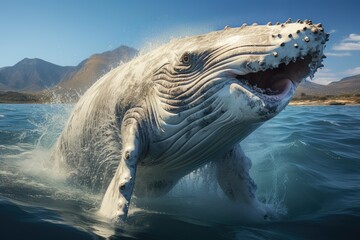 Obraz premium Majestic whale-whale displays its tail in crystal clear waters., generative IA