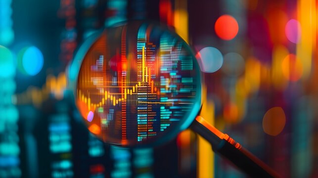 Strategic Market Analysis Magnifying Detail on Data Charts Financial analysis concept