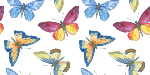 seamless pattern of colored butterflies, abstract background for design, watercolor pattern of flying butterflies, for wallpaper, wrapping paper and packaging